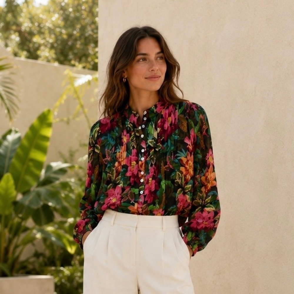 FARM Rio Anthropologie Womens Floral Pintuck Top S Black Tropical Maximalist